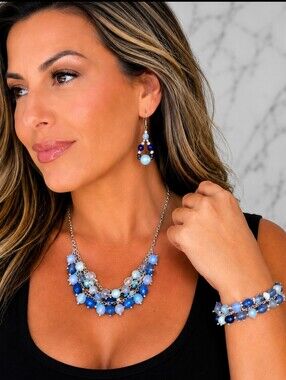 Jaclyn Smith Blue And Silver Beaded Necklace, Bracelet, and Earring Set
